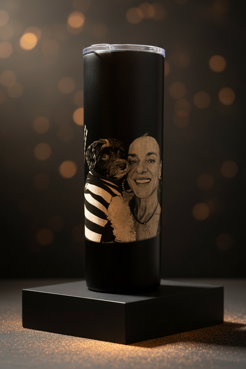 CUSTOM LASER ENGRAVED 20OZ TUMBLER FEATURING A PET PORTRAIT AND FAMILY PHOTO